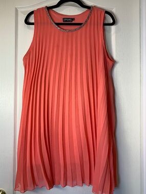 Coral Pleated Rhinestone Sleeveless‎ Top XL – Flowy Chiffon Party Blouse